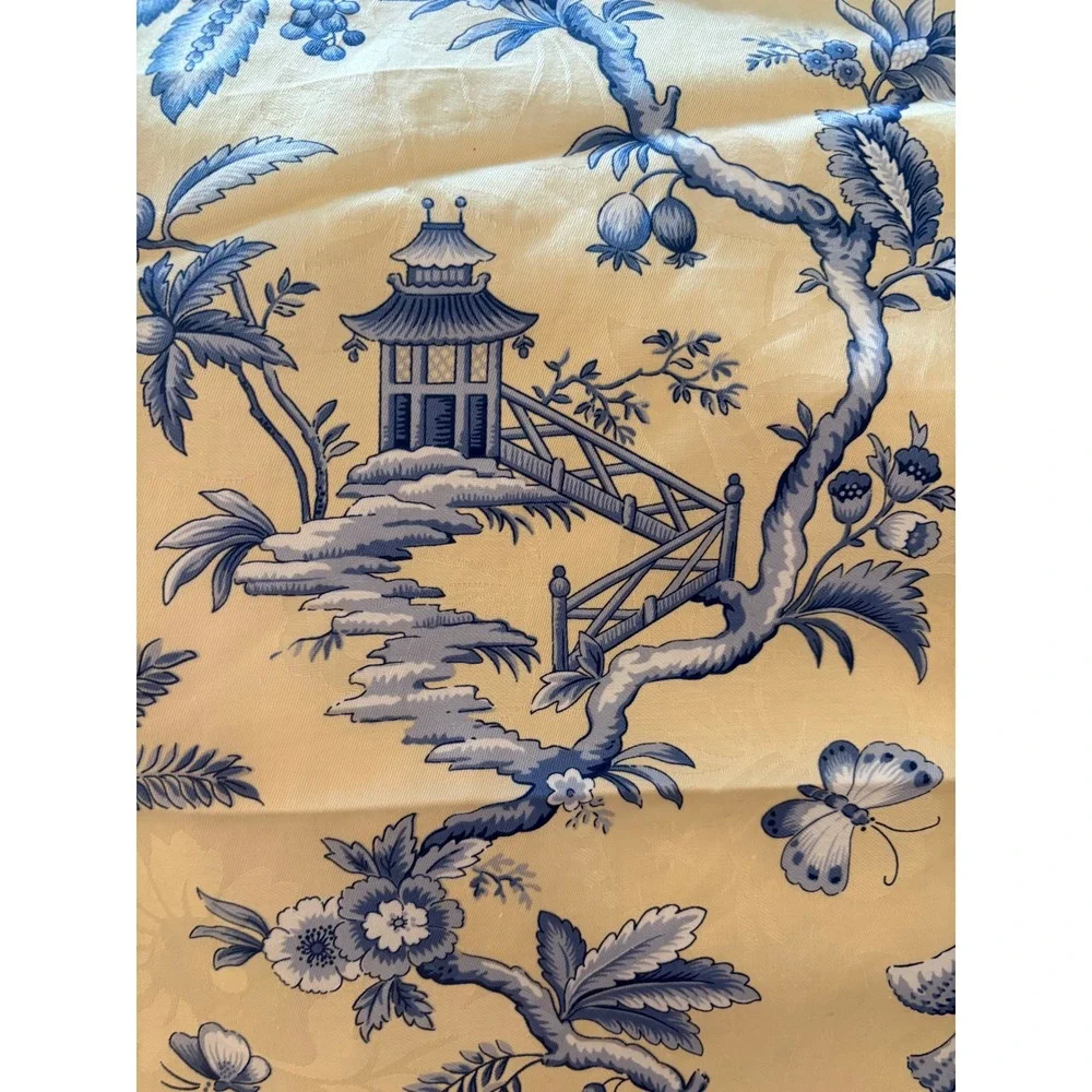 Jay Yang Design Chinoiserie Toile Fabric Blue Yellow Pagoda Damask